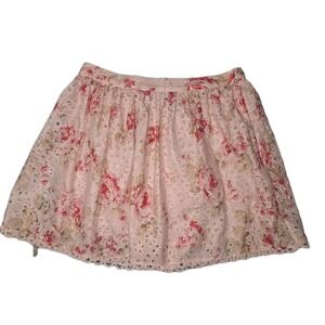 AQUA Floral Eyelet Lace Mini Skirt Womens Medium Pink Beige Lined Boho Spring